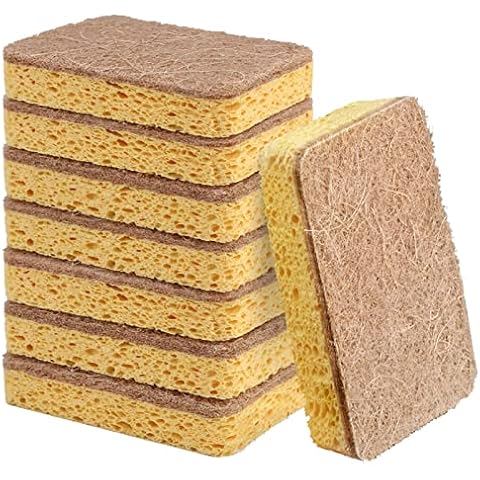 8 Pack Eco Compostable Sponge Kitchen Dish Sponge Biodegradable Washing Up Scrubber Sponges for Dishes with Heavy Duty Scouring Pad Cover