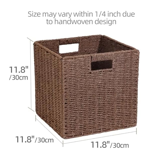 2 Pack 12 inch Wicker Storage Baskets for Shelves, Paper Rope Storage Basket, Foldable Wicker Baskets, Handwoven Square Basket with Built-in Handles for Organizing Shelves (Dark Brown)