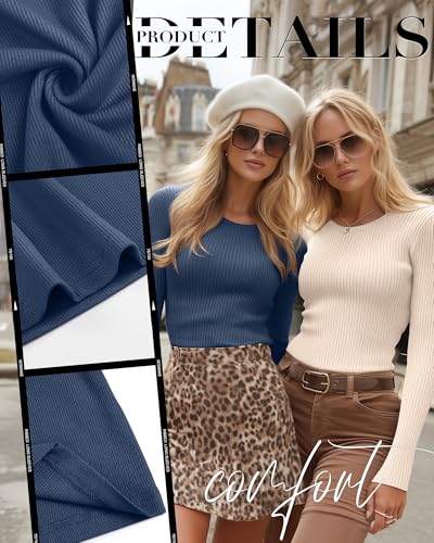 4 Pack Women's Long Sleeve Shirts, Crew Neck Ribbed Stretch Tees Slim Fit Fall Knit Tops Casual Basic Undershirts - Image 5