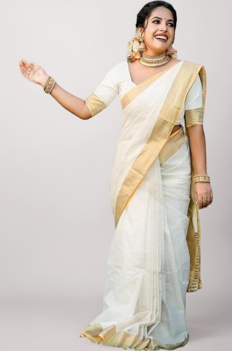 Women's Solid White Color and Gold Border Cotton Blend Saree With Unstitched Blouse Material - Special For Pongal Onam Festival (AZ-YS-OG1-PONGAL ONAM WHITE)
