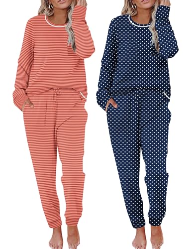 Image of Ekouaer 2 Pack Womens Pajama Sets Long Sleeve Lounge Sets Soft Pj Sleepwear Loungewear