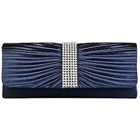 Eleoption Womens Satin Diamante Ladies Pleated Bow Wedding Bridal Prom Handbag Clutch Bag, Navy Blue, XL Cover