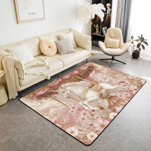 Unicorn Carousel Area Rug 5x6'6'',Amusement Park Horse Romantic D...