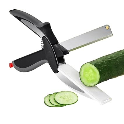 SUMAGO TRADING 2-in-1 Steel Smart Clever Cutter Kitchen Knife Food Chopper and in Built Mini Chopping Board with Locking Hinge with Spring Action Stainless Steel Blade Vegetable Cutters
