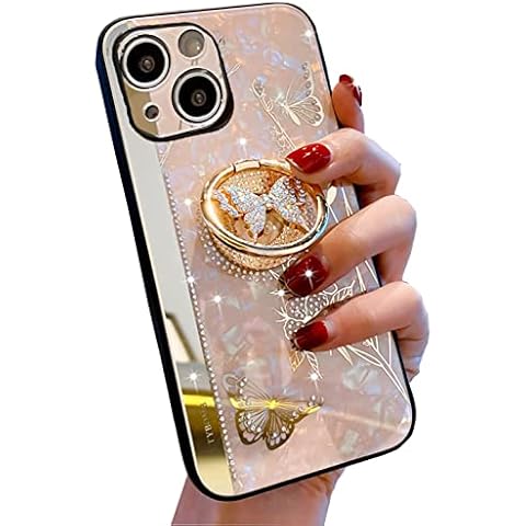 Topwin Cute Bling Case for iPhone 13 6.1'', Marble Pearl Conch Shell Floral Butterfly with Ring Kickstand Elegant Bling Glitter Protective Cover for Girls Women for Apple iPhone 13 2021 (Rose Gold) Cover