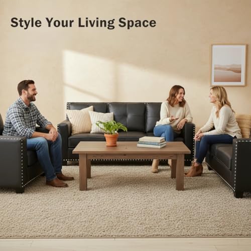 Image of Sofa and Loveseat Set, Faux Leather Living Room Set with Nailhead Trim, 3 Piece Living Room Furniture, Modern 3-Seater Sofa + 2-Seater Loveseat + Accent Chair Sets, for Home Office, Black