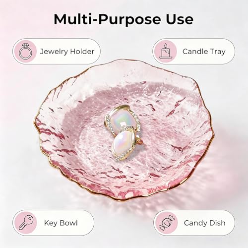 Image of Gifts For Women Pink Jewelry Tray Glass Ring Holder Dish Key Bowl Trinket Dish Bathroom Vanity Organizer Aesthetic Bridesmaid Bride Wedding Engagement Retirement Teacher Gifts For Women Her Coworkers