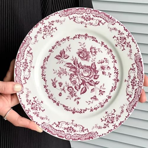 HHFLRAWA Platos llanos de cerámica, 7.9 pulgadas, diseño de rosas decorativos, aptos para microondas y lavavajillas, perfectos para ensalada, pasta, filetes, aperitivos