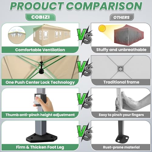 Image of COBIZI 10x30 Pop Up Canopy One Push Party Tent with Air Vent Waterproof Commercial Outdoor Patio Gazebo with 8 Removable Sidewalls, 3 Adjustable Height for Parties, Roller Bag, Sandbag, Khaki