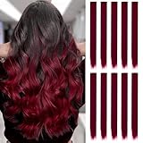 10 rote Haarverlängerungen, 55 cm, glattes langes Clip-in-Haar, synthetisches glattes Haarteil für Mädchen, Kinder, Frauen, Alltag und Party (dunkelrot)
