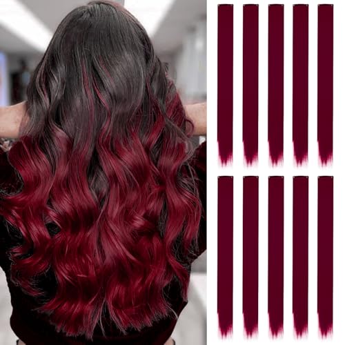 Lot de 10 extensions de cheveux rouges, 55 cm, cheveux longs et raides, synthétiques, à clipser, pour filles, enfants, femmes, fêtes (rouge foncé)