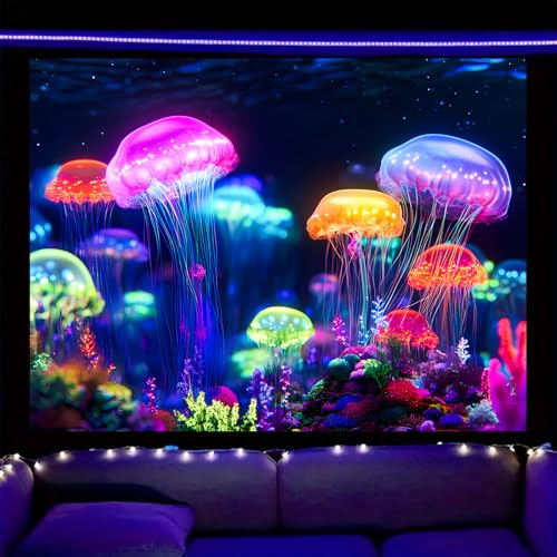Image of Nuxovilar Neon Ocean Jellyfish Wall Tapestry Polyester 78.74x59.05 In | Glow Poster Trippy Wall Art Marine Decor UV Backdrop Bedroom Lounge Themed Nook Room (Neon Jellyfish Ocean)