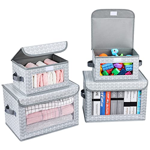 Image of DIMJ Storage Bins with Lids, Collapsible Closet Storage Bins for Organization, Fabric Bins Cubes with Window, Storage Baskets with Handle for Closet Organizer, Home, Office (4-Pack, Arrow)