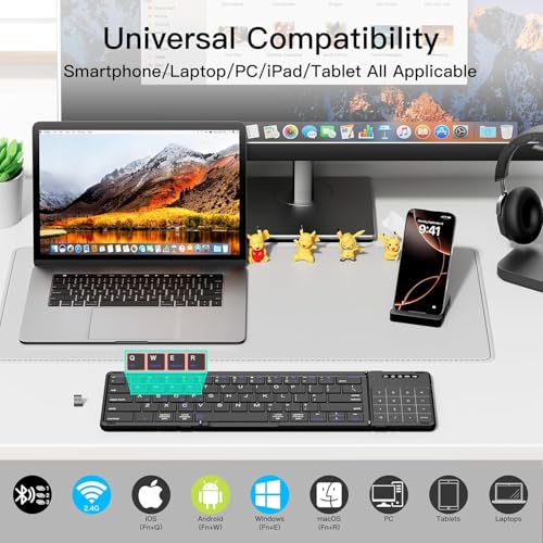 Image of Tobo Foldable Bluetooth Keyboard with Touchpad & Number Pad, Tri-Fold, 3 Bluetooth+2.4GHz, iOS Android Windows macOS, 90 Days Standby, Type-C Rechargeable (TD-BK77T)