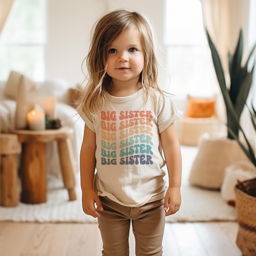 Groovy Stacked Girls Big Sister Shirt - Retro Rainbow New Big Sister - Natural Toddler Youth Tee2