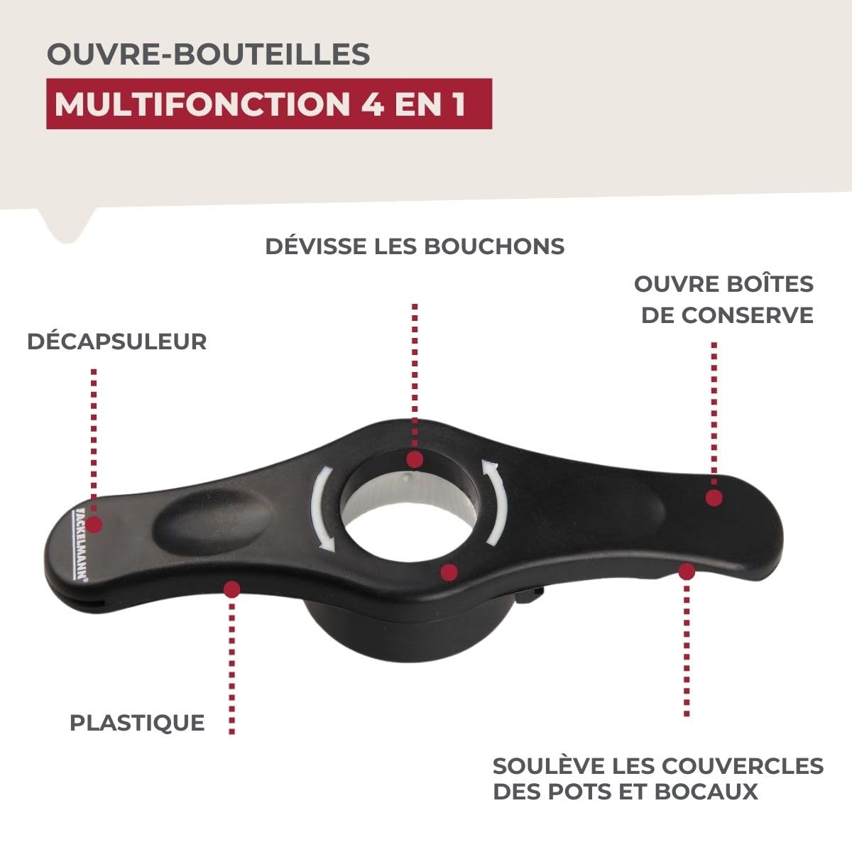 Fackelmann Ouvre bouteille 4 en 1, décapsuleur, ouvre boîte, ouvre bocal, Plastique, Noir, 14,5 x 4,5 x 2,5 cm