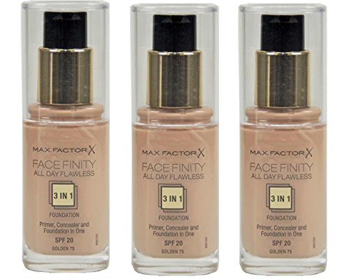 Max Factor Facefinity - Base de maquillaje 3 en 1 para todo el día, color dorado, 30 ml, 3 unidades