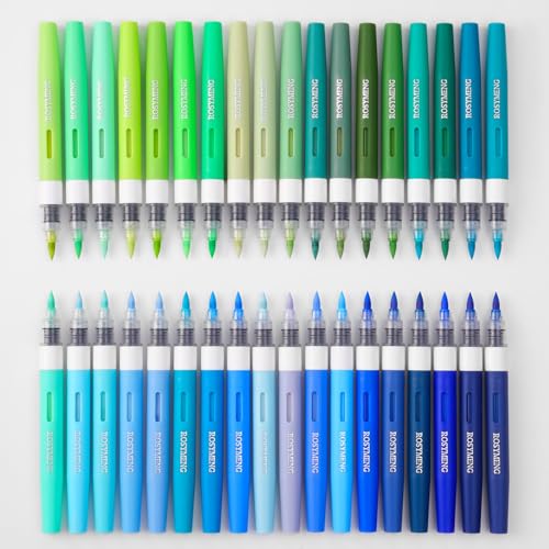 Image of ROSYMENG Green Blue Art Markers: 36 Colors Acrylic Paint Pen Set with Soft Brush Tip, Straight Liquid Quick-Dry Design, Drawing Supplies for Adult Coloring Books, Rock, Wood, Glass, Fabric