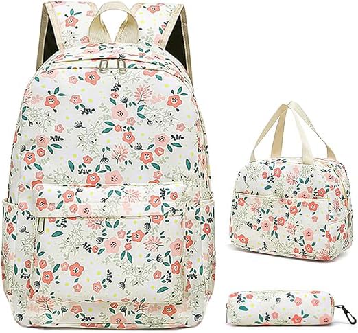 Conjunto de Mochila Escolar Feminina 3 Peças em Náilon Impermeável, Bolsa Principal + Lancheira Térmica + Bolso para Canetas, Bolsa Escolar Feminina Com Estampa, Bolso para Laptop até 15'