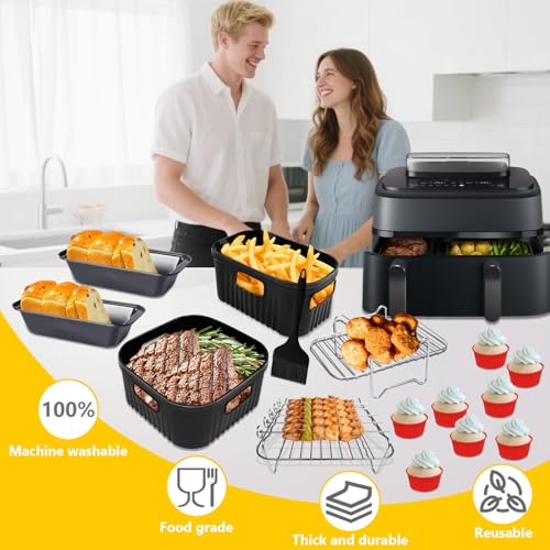 YINGRACE Airfryer Zubehör für Philips Airfryer Dual Basket 3000 Series NA350, 5000 Series NA550, 8PCS mit Silikonform Grillrost Toastbleche Muffinform anstelle Backpapier für Heißluftfritteuse