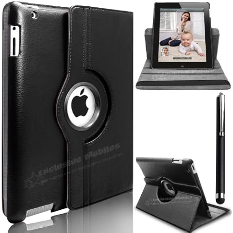 Mobile Junction ® 360 Case Apple iPad 4 iPad 3 (3rd & 4th Generation with Retina Display) & iPad 2 360 Degree Rotating Smart Stand Case Cover with Auto Sleep Wake Incl. Free Screen Protector & Stylus (Black) Cover
