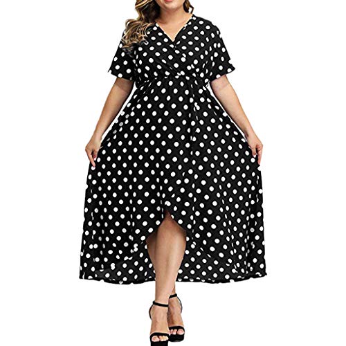 Kingwo, Fashion Women Plus Size V-Neck Polka Dot Caims Maxi Dress Cold Shoulder Short Sleeve High Low Hem Long Dress (T-Black, XXXXXL)