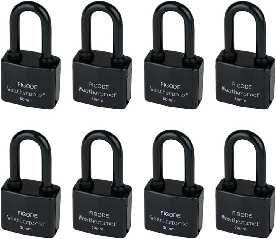 FIGODE Outdoor Waterproof Padlocks, Covered Heavy Duty Laminated Steel Locks, Large Sturdy Locks, 2.2 in. Wide, 8 Locks Same Key, Long Padlocks