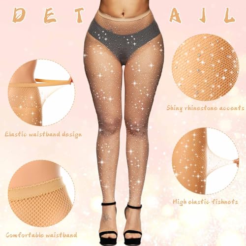 Olbye Fishnet Stockings Women’s Sparkly Rhinestone High Tights Sexy Concert Outfits Glitter Pantyhose Fishnets Leggings 2Pcs3