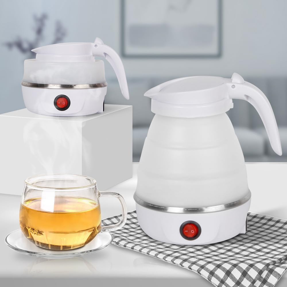 Foldable Electric Travel Kettle,600ml Portable Kettle Silicone Collapsible Heating Water Boiler Tea Pot for Camping,Easy for Storage with Separable Power Cord (White)