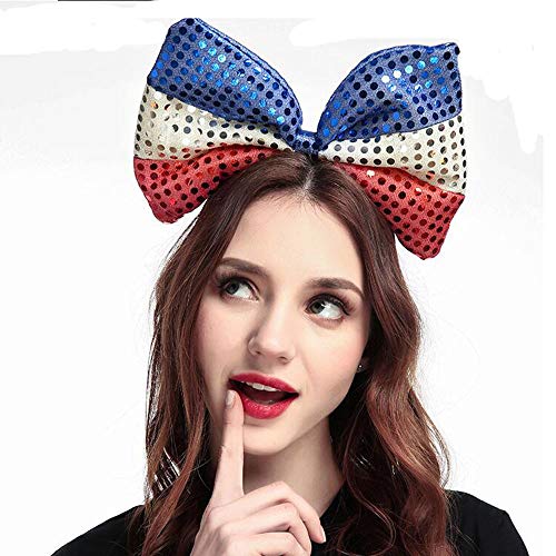 Sequin Bow Headband Patriotic American Flag Decoration Accessorie Red White and Blue Headband for Women Girls