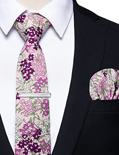 Image of YourTies Cotton Floral Tie for Men 2.5 inch Printed Skinny Necktie Pocket Square Tie Clip Set Flower Wedding Party Groom