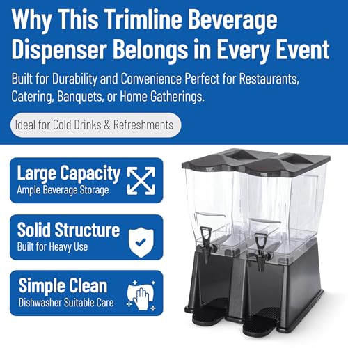 Image of Carlisle FoodService Products Trimline Double Base Rectangular Beverage Dispenser with Stand - 3.5 Gallon Catering Drink Dispenser with Spigot, Set of 2, Polycarbonate (PC), Black, Perfect for Parties