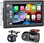 7' Double Din Car Stereo with Dash Cam, Supporting Carplay, Android Auto, Bluetooth, AHD Backup Camera, Full HD Touchscreen, Mirror Link, Subw, USB/TF/AUX, AM/FM Car Radio