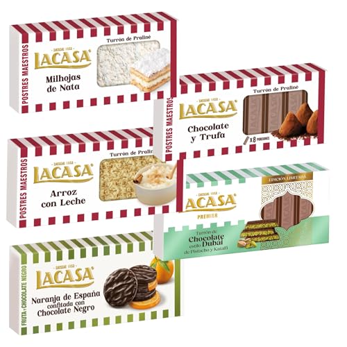 Pack Surtido 5 Turrones Lacasa:Naranja de España Confitada con Chocolate Negro,Arroz con Leche,Cacao y Trufa,Milhojas de Nata,Chocolate estilo Dubai