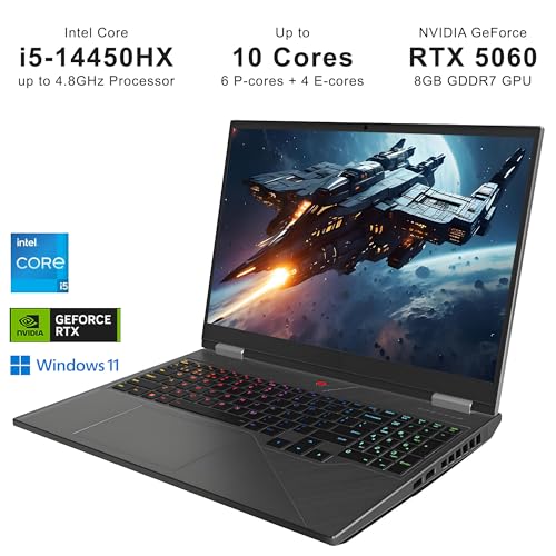 Image of GeForce RTX 5060 8GB GDDR7 GPU, 10 Cores 14th Gen Intel Core i5-14450HX CPU Gaming Laptop, 16GB DDR5 RAM, 512GB PCIe4 NVMe SSD, 16 inch Full HD Display 165Hz, Wi-Fi 6, RGB Backlit, Win11 Pro