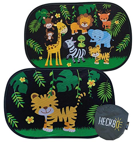 HECKBO® Pare-Soleil autoadhésif - Protection Solaire pour Enfants (2 pièces) | Jungle et Tigres | Pare-Soleil pour vitres de Voiture | 48x31cm, 2 Motifs | Pare-Soleil Auto y Compris Sacoche