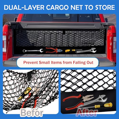 Image of Truck Bed Cargo Net for 2015+ Ford F150 & 2017+ F250 /F350 /F450 Accessories, Envelope Style Trunk Mesh Cargo Net, Heavy Duty&Double-Layer Nylon Storage Netting Organizer(Not for Spray-in Liner Beds)