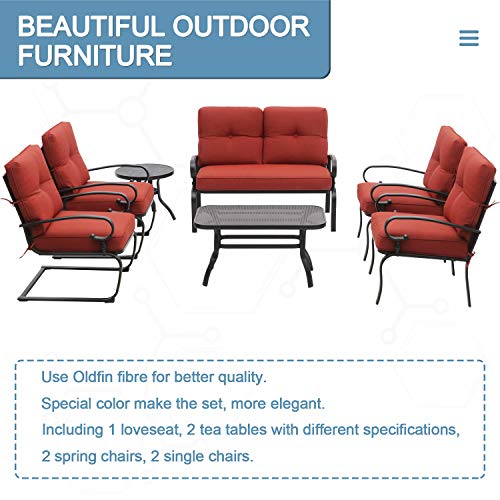 Oakmont 7-Piece Outdoor Metal Furniture Sets Patio Conversation Set Wrought Iron Loveseat, 2 Single Chairs, 2 Spring Chairs And Coffee Table, Red #TOP2