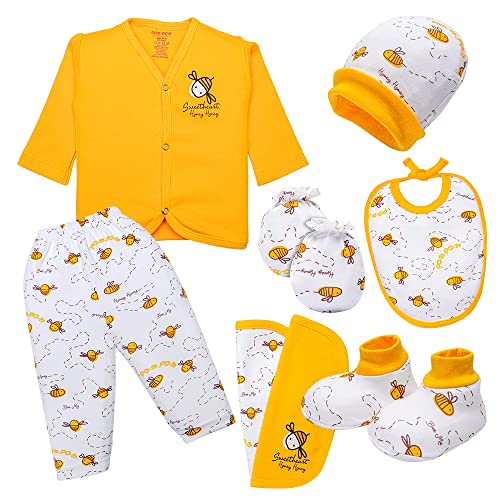 Pom Pom Sweethearts 100% Hosiery Cotton Fullsleeves T-Shirt,Pyajama/Pant,1 Bib,2 Wash Cloth, 1 Pair Mitten, 1 Pair Bootee, 1 Bonet Cap – 8Pcs Clothing Gift Set for New Born Baby Boy & Girl,0-3 Months