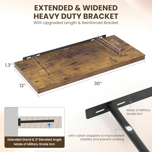 Image of Dreamland 30 inch Floating Shelves for Wall, 12 inch Deep Slim Rustic Brown Floating Shelves, Wall-Mounted Shelves for Bedroom, Living Room, Kitchen, Bathroom - Set of 2