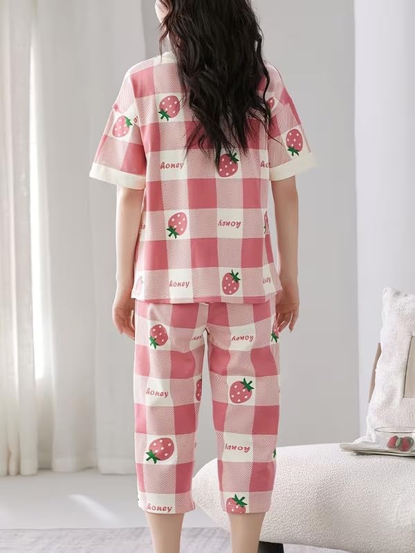 Image of Women Capri Pajama Set Korean Style Nightsuit Soft Breathable Top and Mid Length Pants Lightweight Loose Fit Nightwear Loungewear