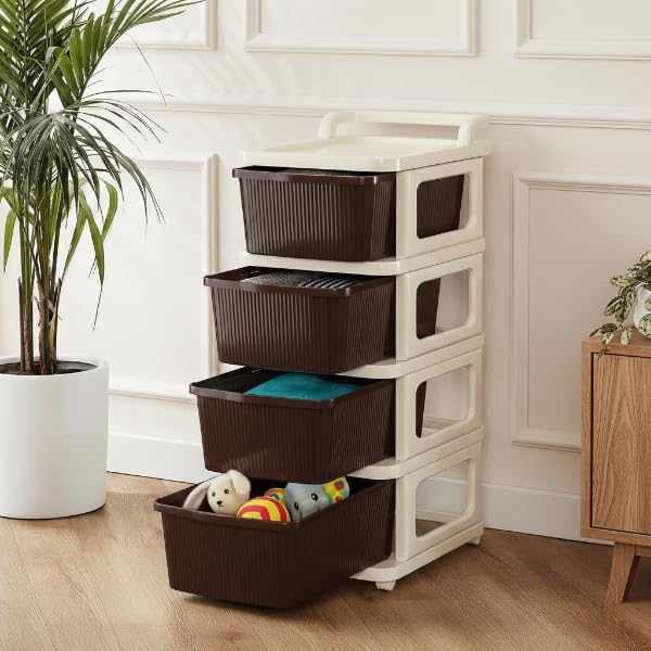 Image of KITCHIVO Heavy Duty Plastic Storage Drawer with Wheels | Modular Cabinet for Bedroom, Office, Home or Classroom| Chest of Drawers Organiser for Cosmetics, Kitchen items, Toys (Brown, 4)