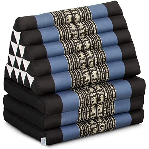 livasia Thaikissen 3 Auflagen extrahoch - 185x55x8cm - Dreieckskissen mit Klappmatratze, Kapok, Jumbo Rückenkissen faltbar, Thaimatte Klappen, handgefertigt, Meditationskissen (Blau/Elefanten)