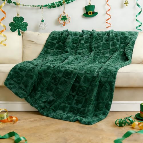 Heirloom Haven St. Patricks Day Shamrock Throw Blanket 50x60 Inch Green 3D Textured Clover Pattern Irish Throw Blanket Velvet Soft Warm for Couch Bed Sofa Holiday Decor