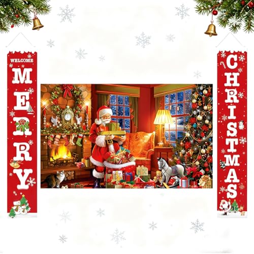 Christmas Scene Background Cloth Christmas Door Couplets Santa Claus Design Suitable for Daily Christma Photography(180×110cm)