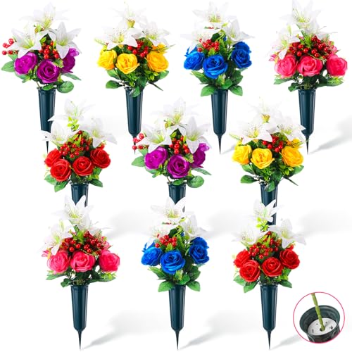 Giegxin 10 Sets Cemetery Flowers with Vase for Grave