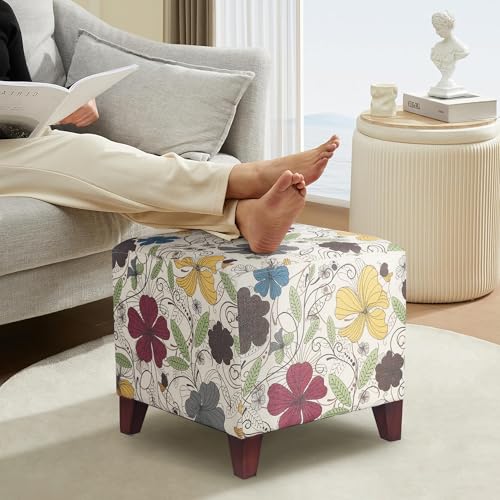 Adeco Small Foot Stool Ottoman, 16.3\" Linen Cube Ottoman Foot Rest with Wood Legs, Upholstered Ottomans Footstool for Living Room, Bedroom, Couch, Floral Printed - Thumbnail 4