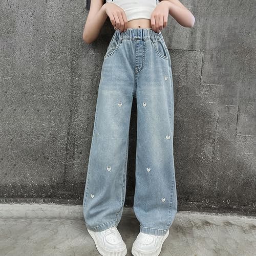 Baggy Heart Embroidered Jeans for Kids Girls Straight Wide Leg Elastic Waist Denim Pants Y2k Style Jeans Fall3