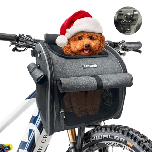 DAISTERN Cesta Perro Bicicleta 6KG, Mochila para Mascotas con Ventanas de Malla, Transportin de Gato y Perro, 4 en 1 Bolsa Multifuncional Plegable con Soporte Patentado, Gris