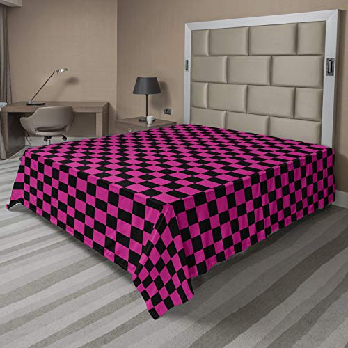 Ambesonne Hot Pink Flat Sheet, Old Fashioned Gingham Checks in Vibrant Colors Modern Display Geometric Simple, Soft Comfortable Top Sheet Decorative Bedding 1 Piece, Queen Size, Magenta Black